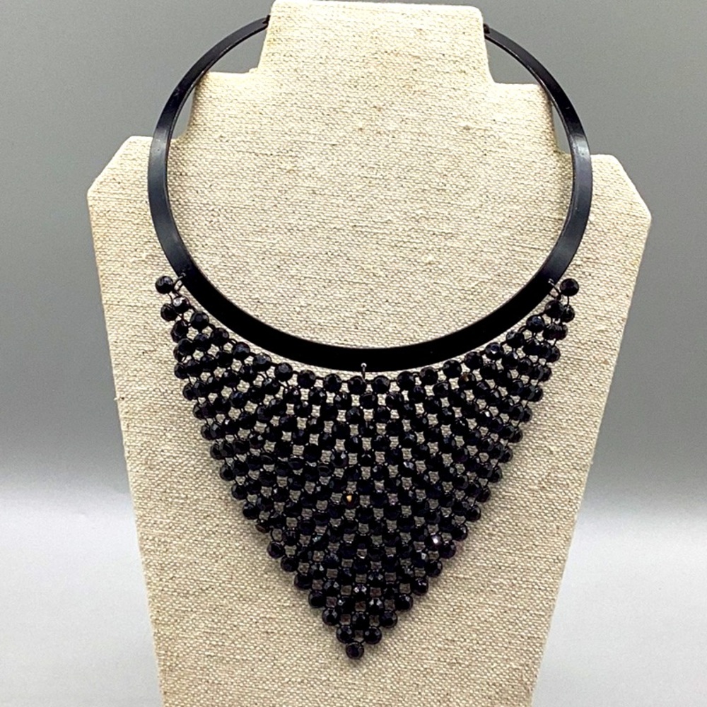 Vintage Black Metal Choker with Black Faceted Beads